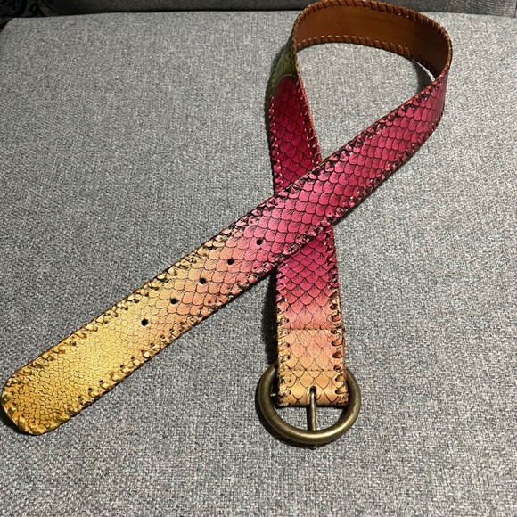 Colorful Belt bronze buckle stitched edges painted floral‎ snake pattern 34-38 - Picture 3 of 14